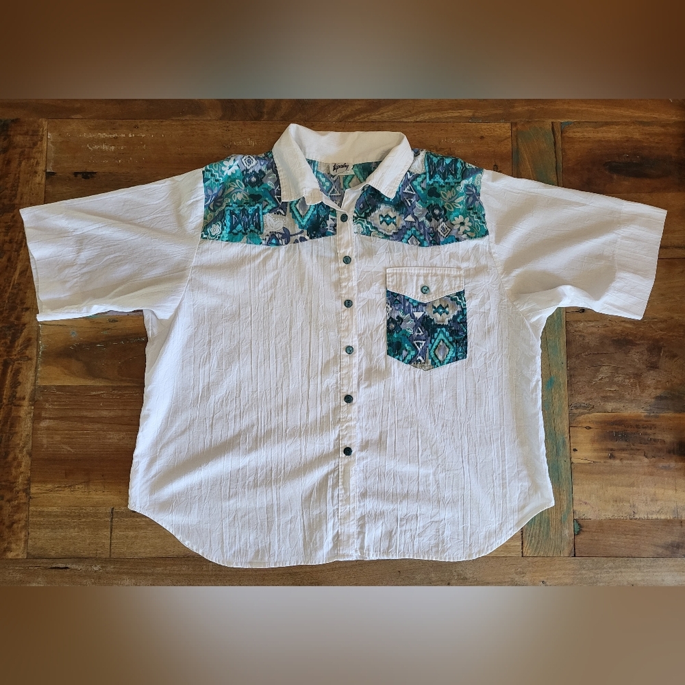 Vintage Tapestry Womens 22W White Blue Floral Short Sleeve Collared Button Up B2
